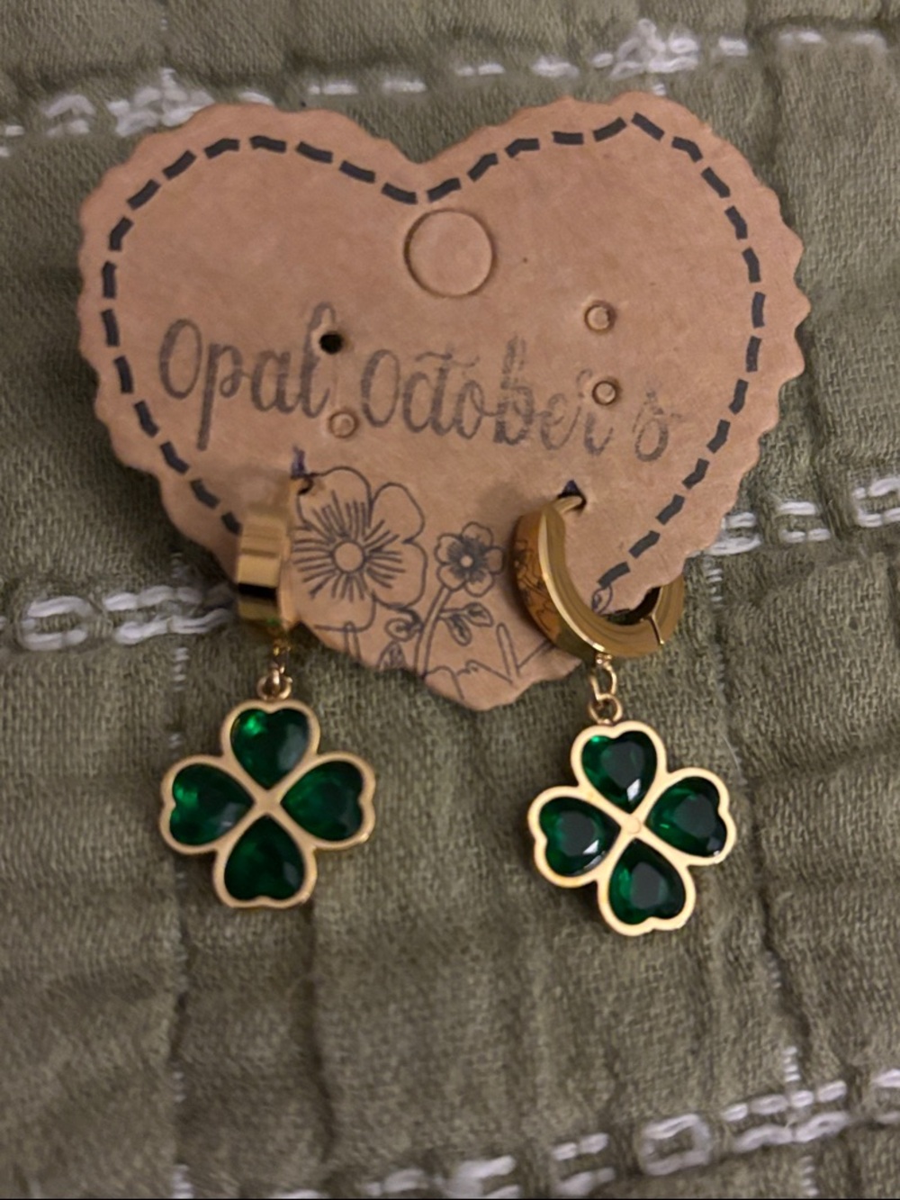 Gold tone Hoop Earrings with Green Clover Charms